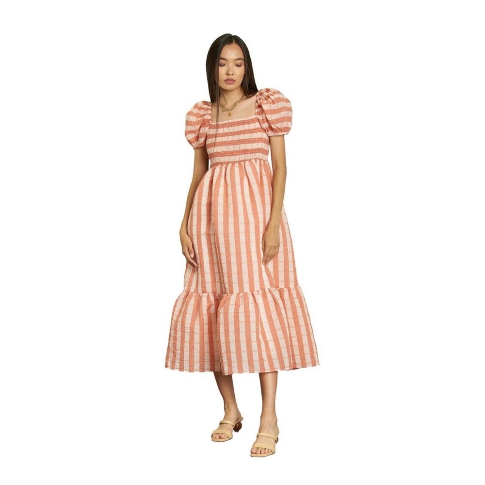 dRA Nicole Peach Striped Organza Midi Dress Size Large